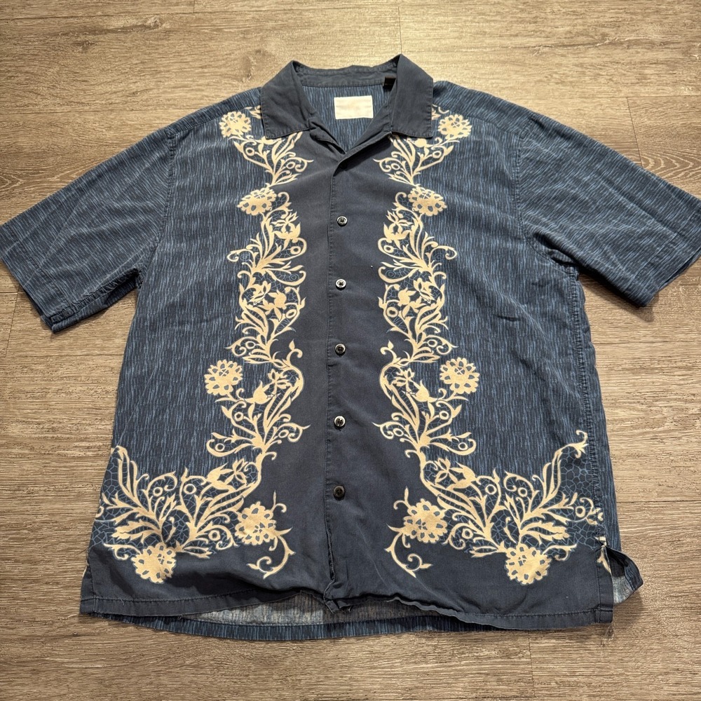 Vintage Paradise Found Shirt Mens Medium Blue Silk Blend Hawaiian Floral Bowling
